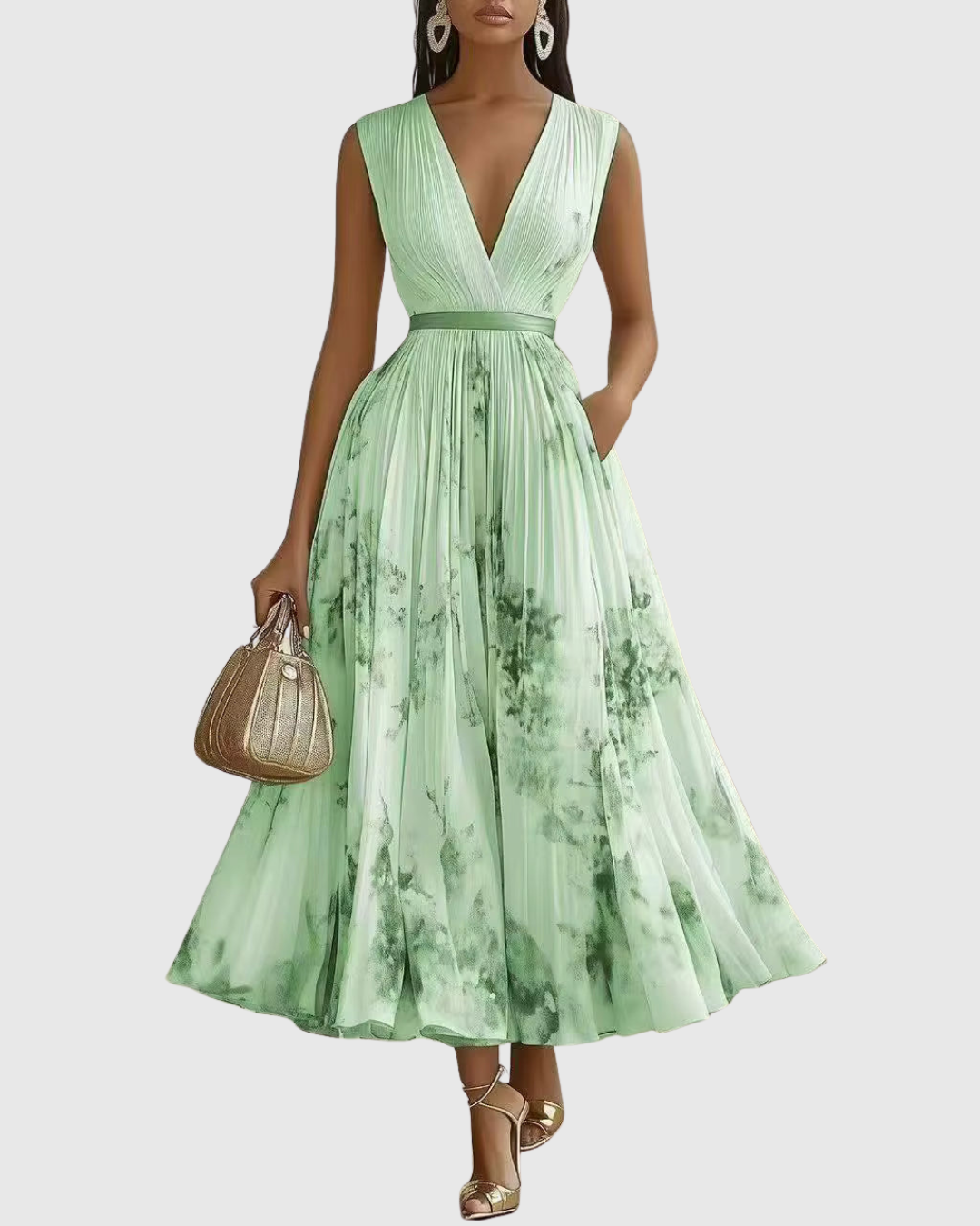 Women's Sleeveless Pleated Floral Midi Dress - Elegant Summer Style - Green