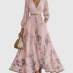 Women's Sleeveless Pleated Floral Midi Dress - Elegant Summer Style - Pink