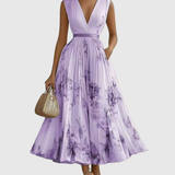 Women's Sleeveless Pleated Floral Midi Dress - Elegant Summer Style - Purple