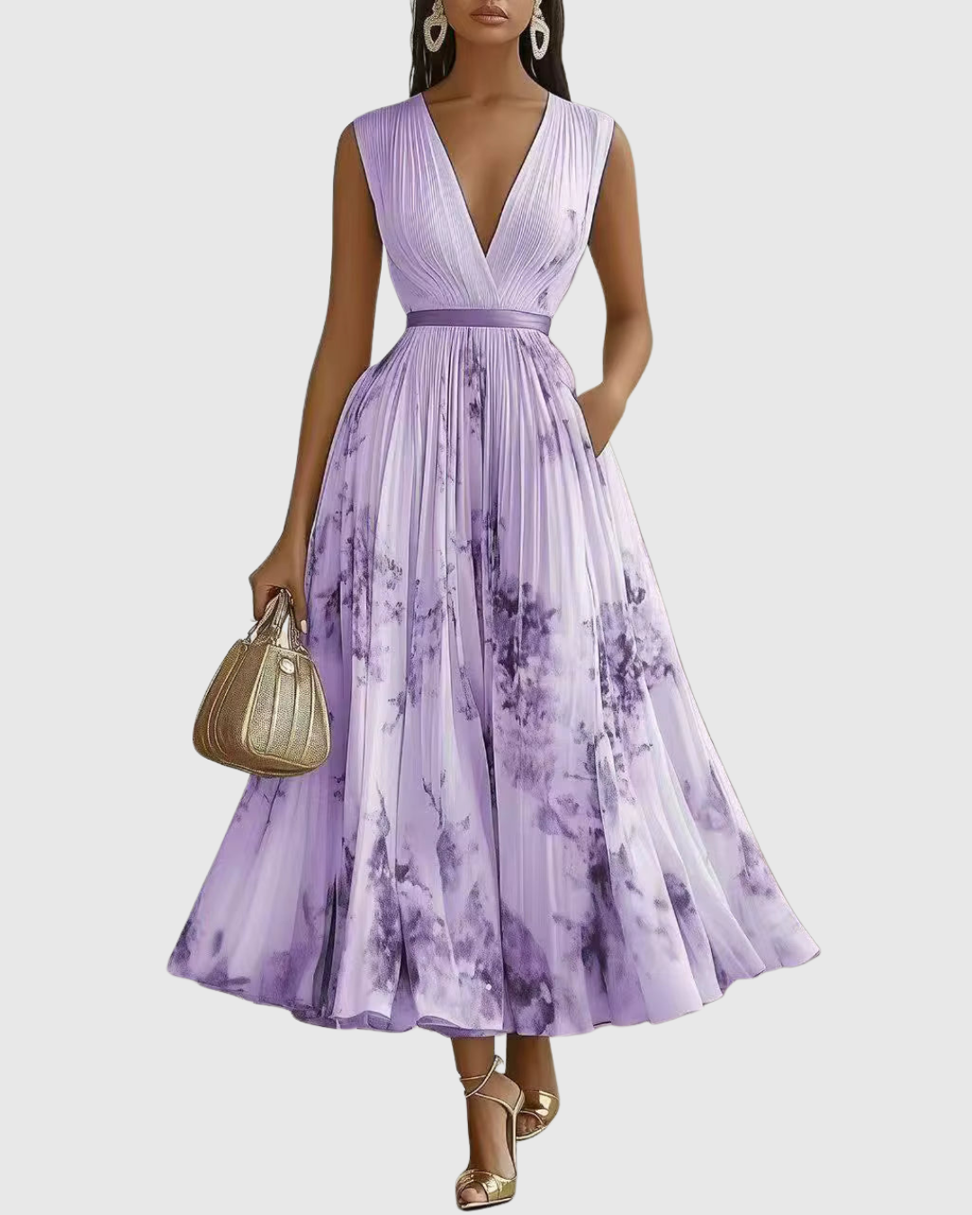 Women's Sleeveless Pleated Floral Midi Dress - Elegant Summer Style - Purple