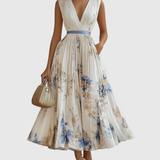 Women's Sleeveless Pleated Floral Midi Dress - Elegant Summer Style - White