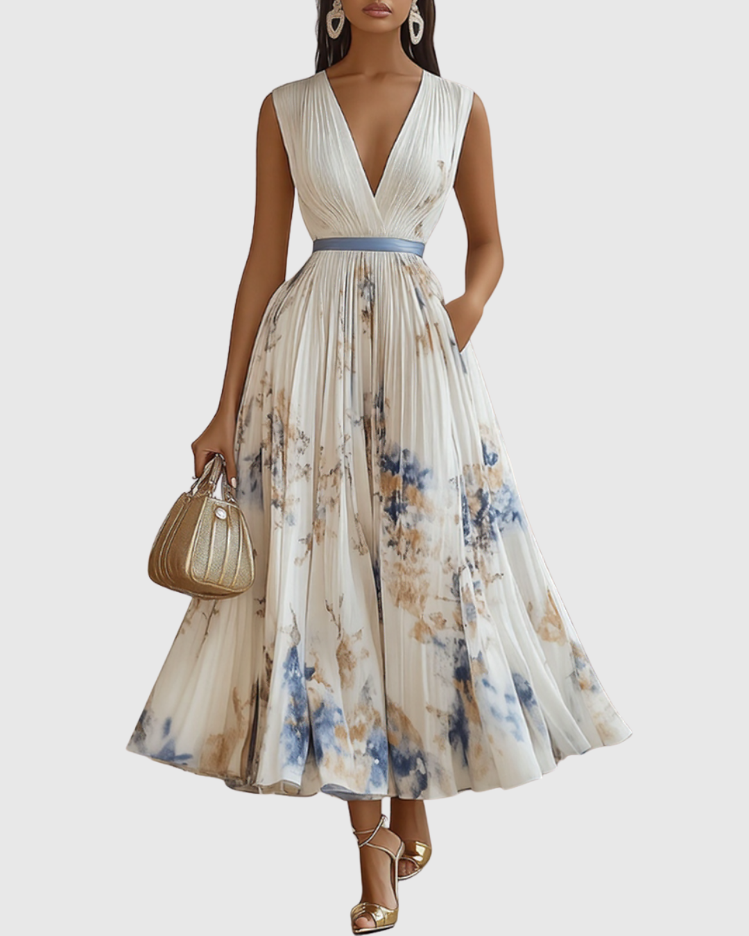 Women's Sleeveless Pleated Floral Midi Dress - Elegant Summer Style - White