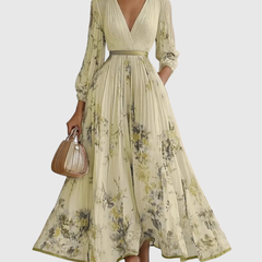 Women's Sleeveless Pleated Floral Midi Dress - Elegant Summer Style - Yellow