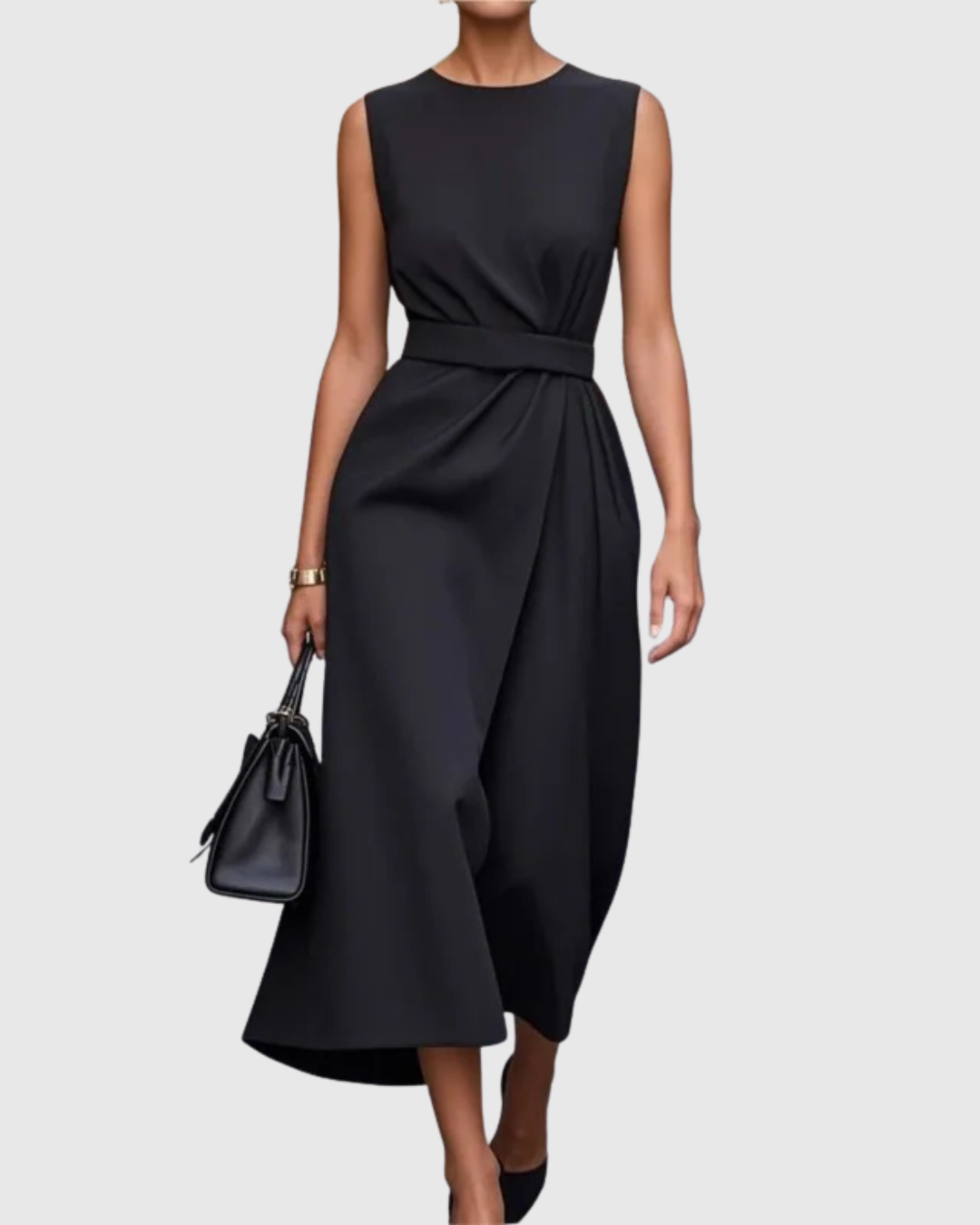 Women's Sleeveless Round Neck Dress - Elegant Knee-Length | Autumn - Black