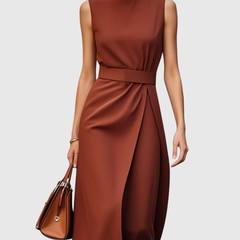 Women's Sleeveless Round Neck Dress - Elegant Knee-Length | Autumn - Dark Brown