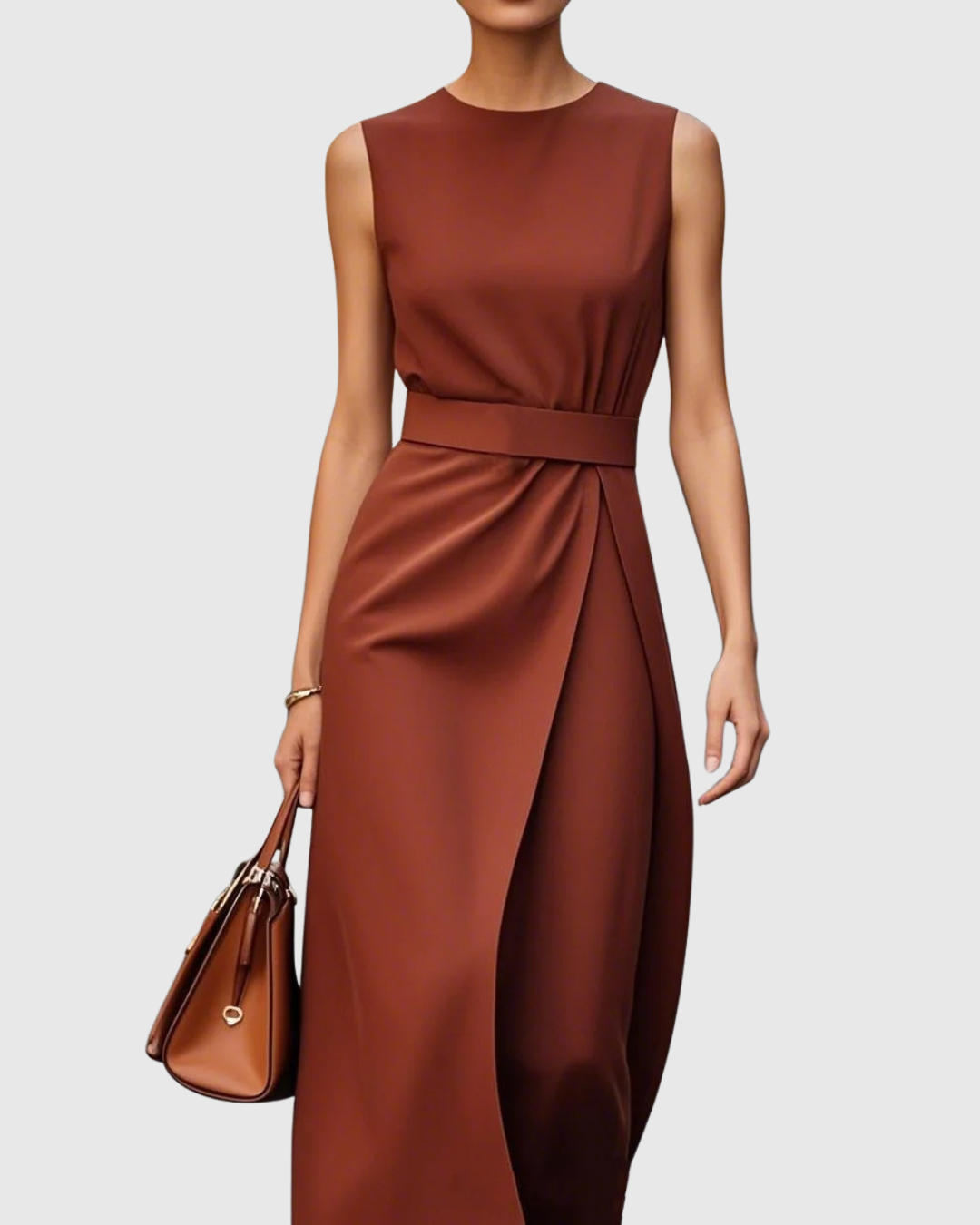 Women's Sleeveless Round Neck Dress - Elegant Knee-Length | Autumn - Dark Brown