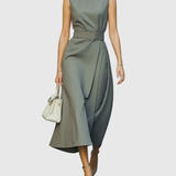 Women's Sleeveless Round Neck Dress - Elegant Knee-Length | Autumn - Grey