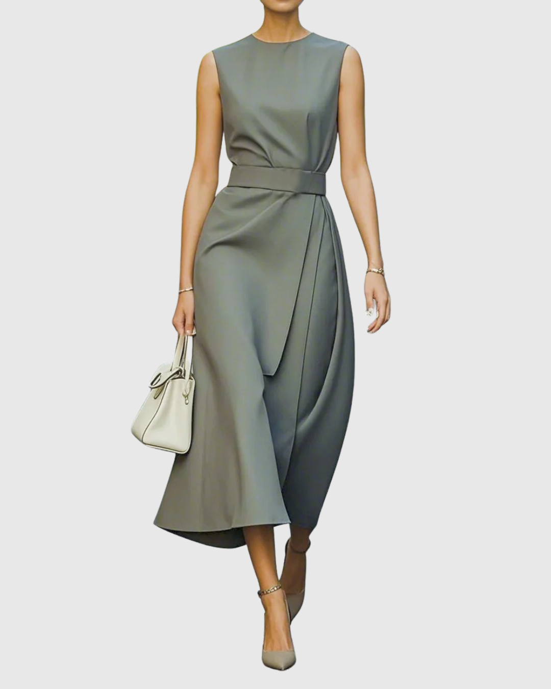 Women's Sleeveless Round Neck Dress - Elegant Knee-Length | Autumn - Grey