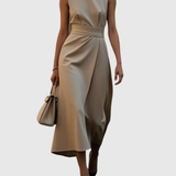 Women's Sleeveless Round Neck Dress - Elegant Knee-Length | Autumn - Khaki