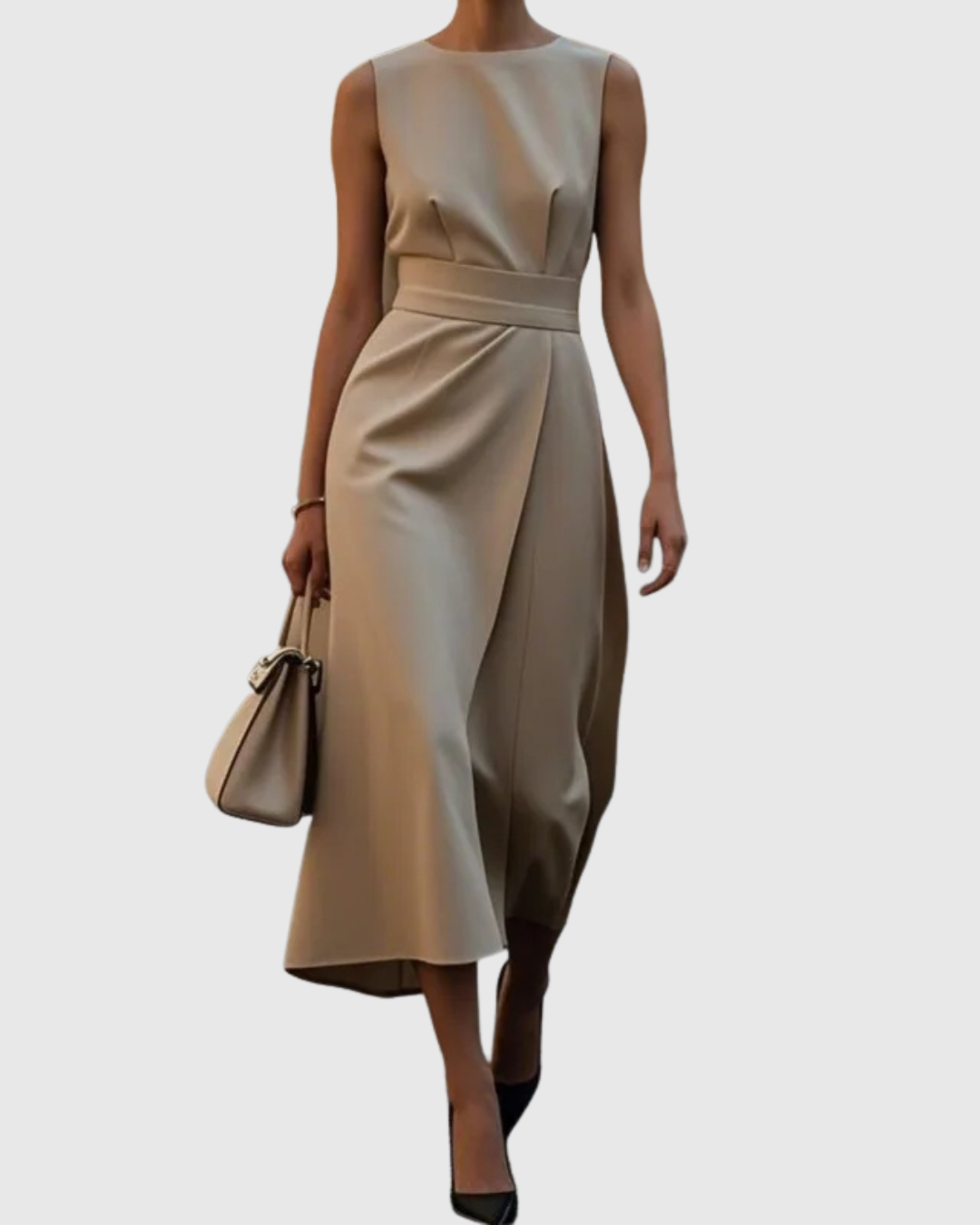 Women's Sleeveless Round Neck Dress - Elegant Knee-Length | Autumn - Khaki
