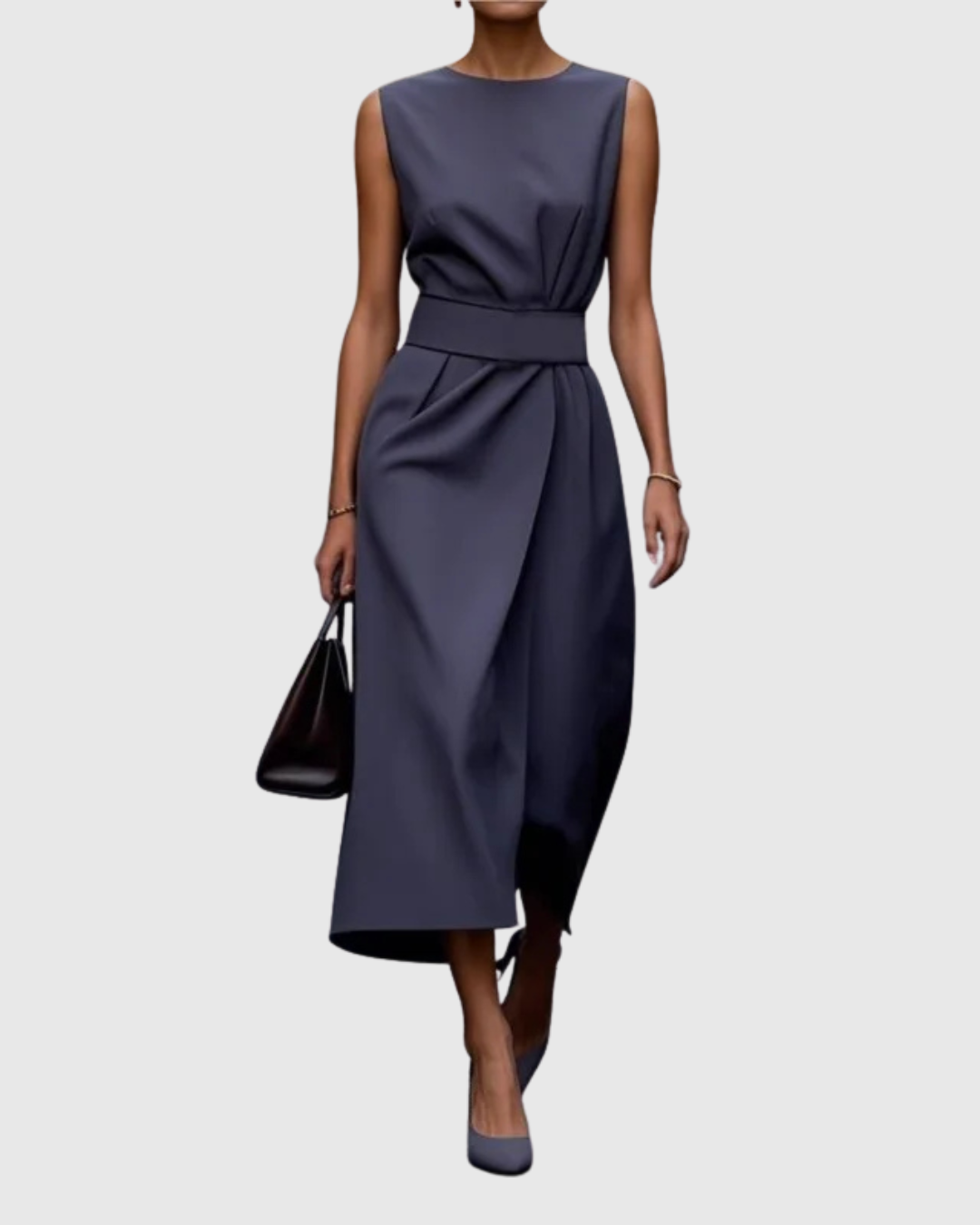 Women's Sleeveless Round Neck Dress - Elegant Knee-Length | Autumn - Navy