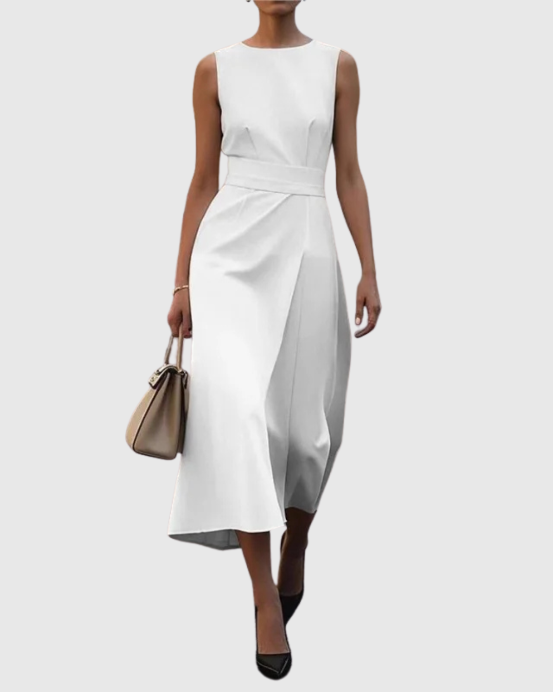 Women's Sleeveless Round Neck Dress - Elegant Knee-Length | Autumn - White