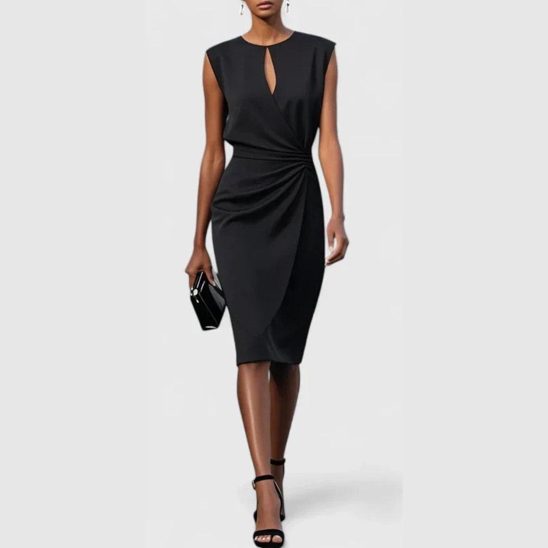 Women's Sleeveless Ruched Midi Dress - Elegant Gathered | Summer - Black