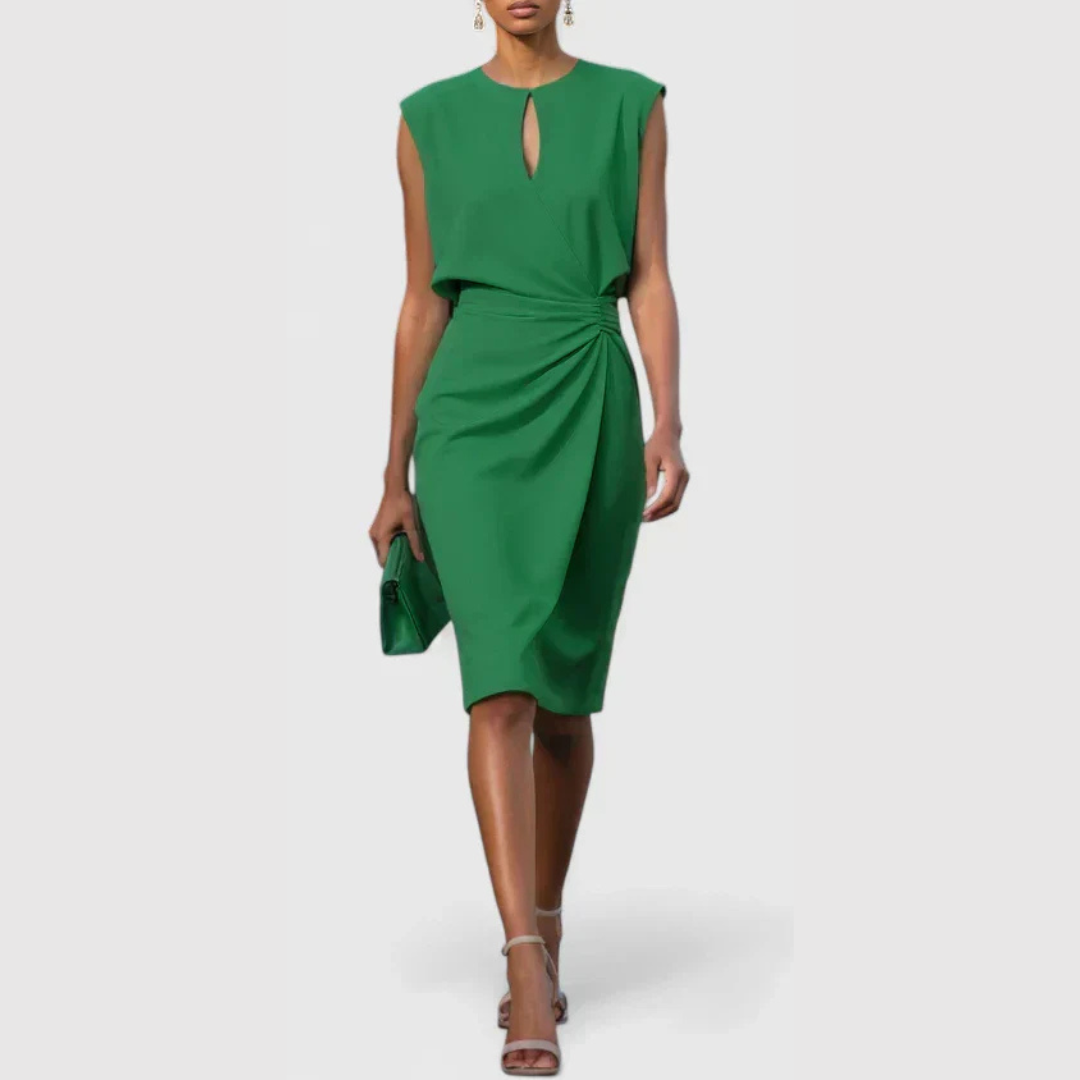 Women's Sleeveless Ruched Midi Dress - Elegant Gathered | Summer - Green