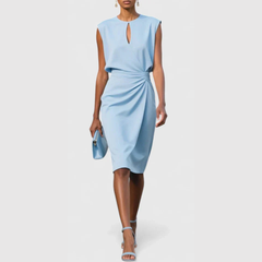 Women's Sleeveless Ruched Midi Dress - Elegant Gathered | Summer - Light Blue