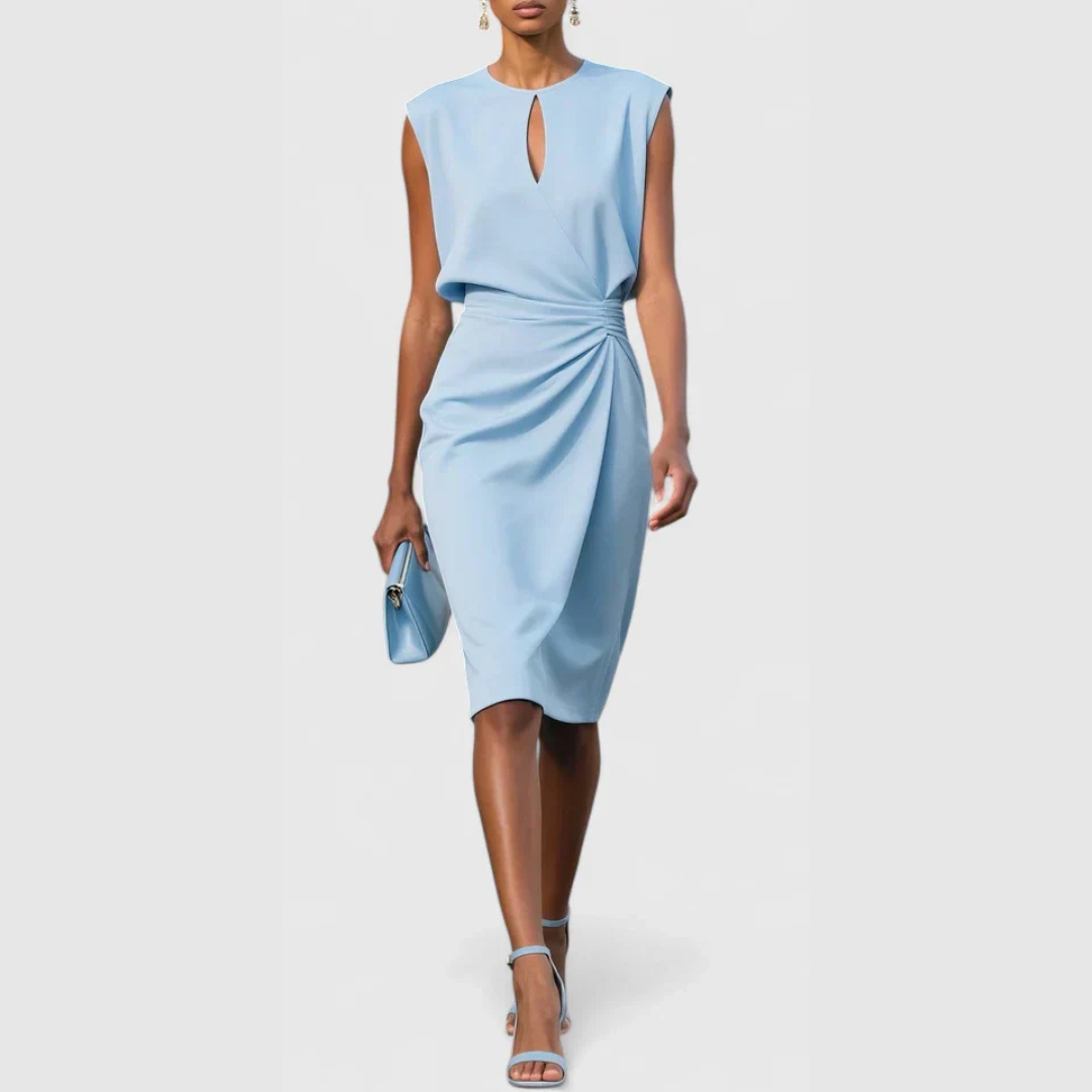 Women's Sleeveless Ruched Midi Dress - Elegant Gathered | Summer - Light Blue