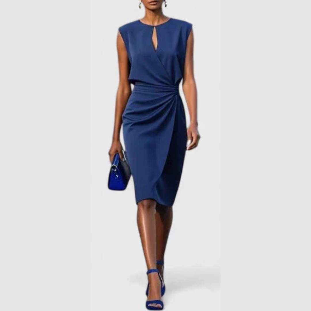 Women's Sleeveless Ruched Midi Dress - Elegant Gathered | Summer - Navy