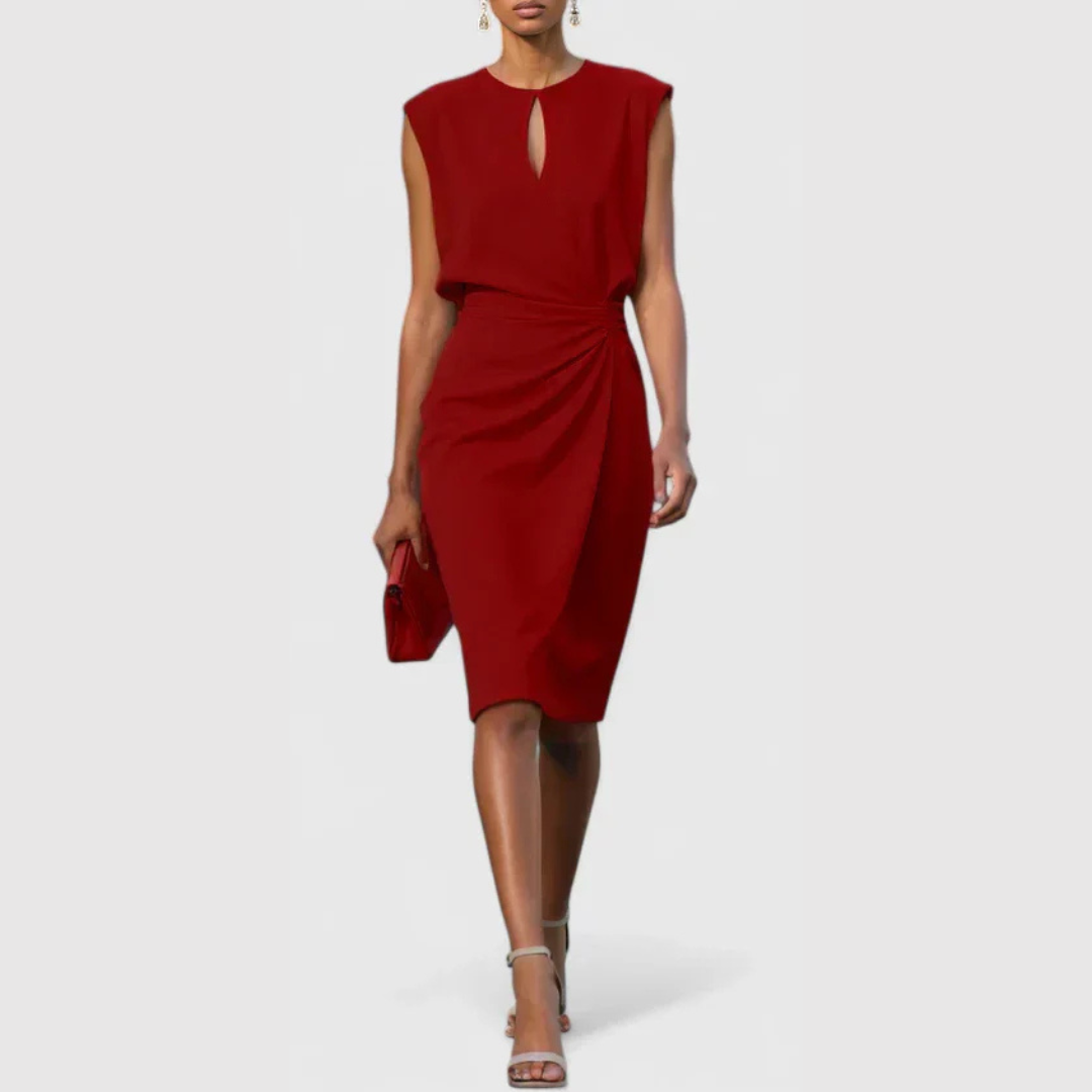 Women's Sleeveless Ruched Midi Dress - Elegant Gathered | Summer - Red