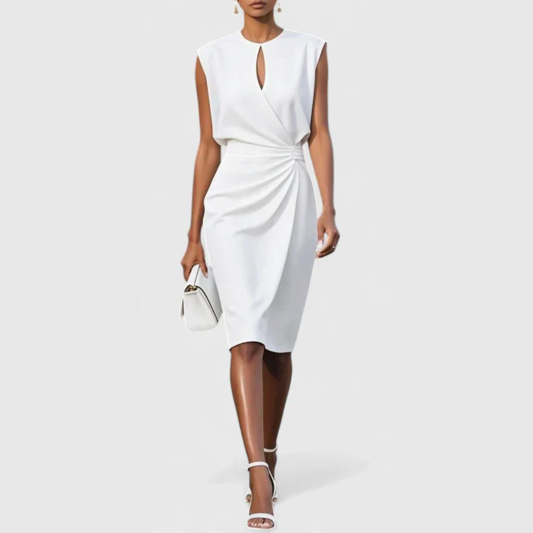 Women's Sleeveless Ruched Midi Dress - Elegant Gathered | Summer - White