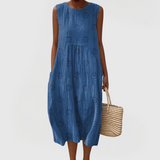 Women's Sleeveless Summer Dress with Pockets - Floral Embroidery - Blue