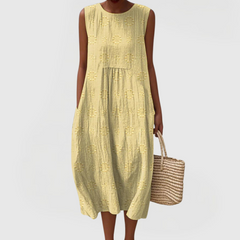 Women's Sleeveless Summer Dress with Pockets - Floral Embroidery - Light Yellow