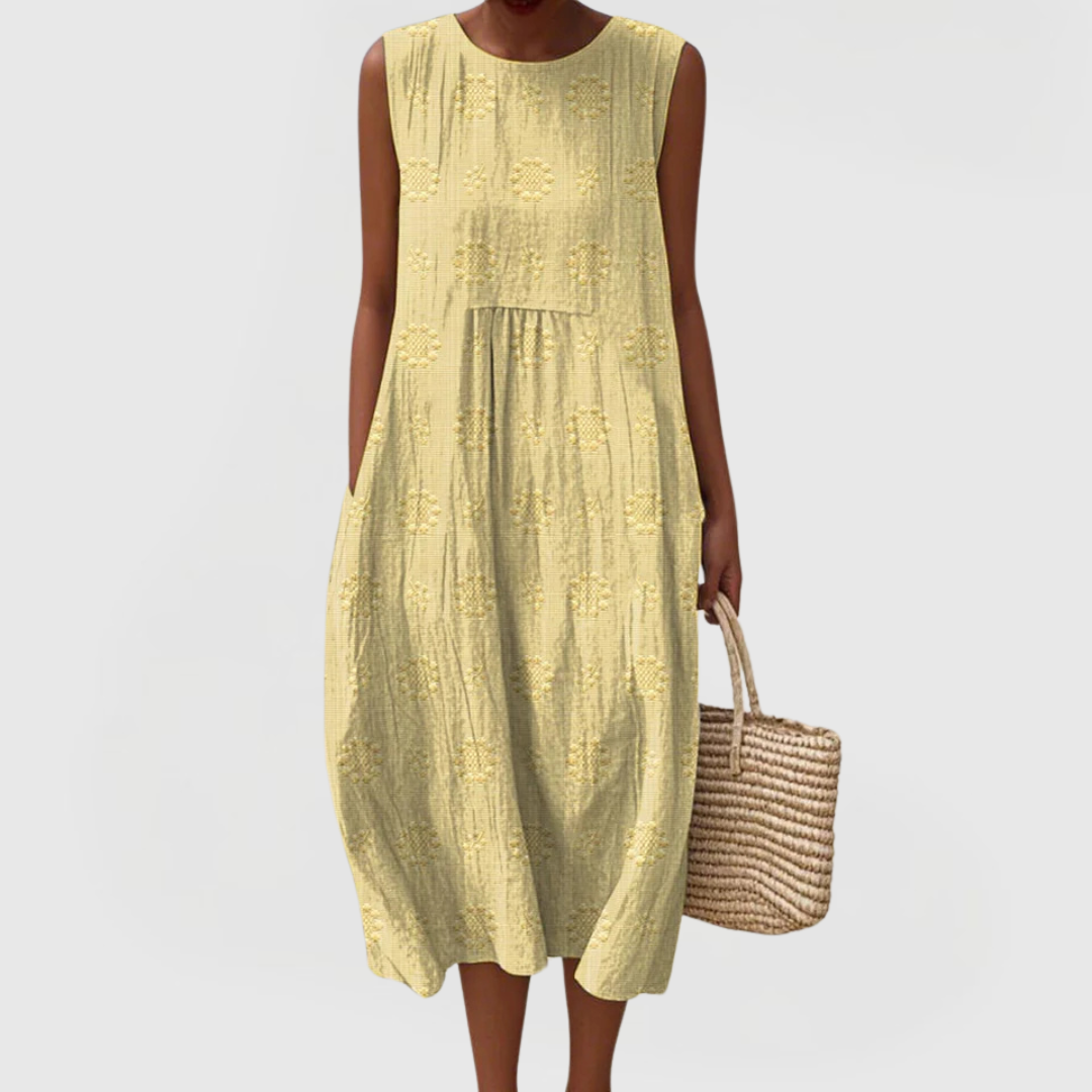 Women's Sleeveless Summer Dress with Pockets - Floral Embroidery - Light Yellow