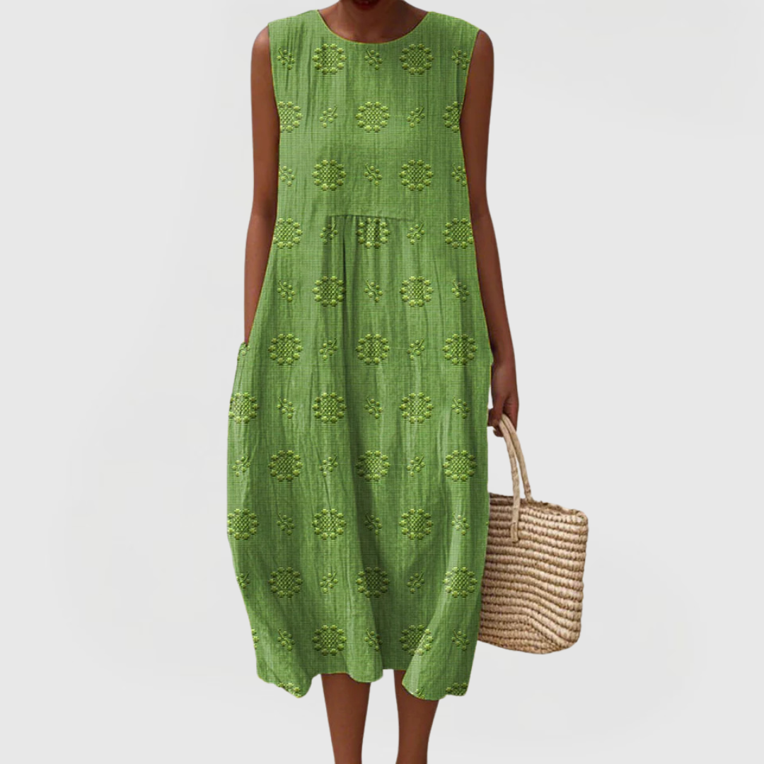 Women's Sleeveless Summer Dress with Pockets - Floral Embroidery - Green