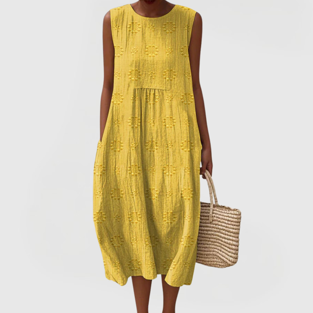 Women's Sleeveless Summer Dress with Pockets - Floral Embroidery - Yellow