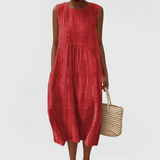 Women's Sleeveless Summer Dress with Pockets - Floral Embroidery - Red