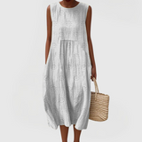 Women's Sleeveless Summer Dress with Pockets - Floral Embroidery - White