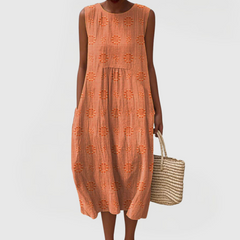 Women's Sleeveless Summer Dress with Pockets - Floral Embroidery - Orange