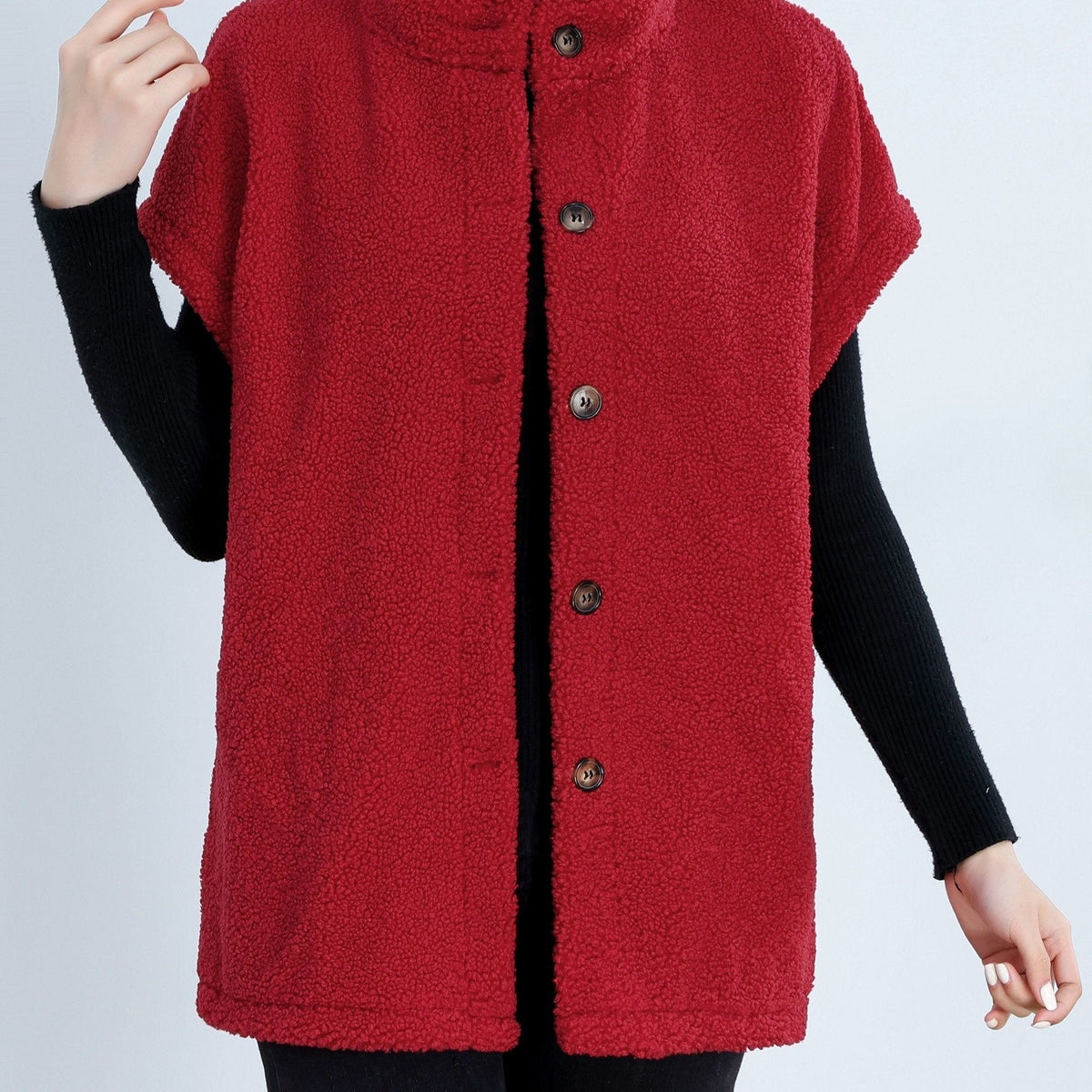 Women's Sleeveless Vest | Button Front | Versatile Green | Winter - Red