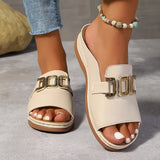 Women's Slip-On Buckle Flat Sandals - Elegant Summer Style - Beige