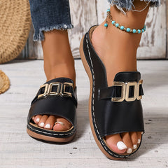 Women's Slip-On Buckle Flat Sandals - Elegant Summer Style - Black