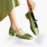 Women's Slip-On Shoes | Low Heel | Strap Detail | Summer - Green