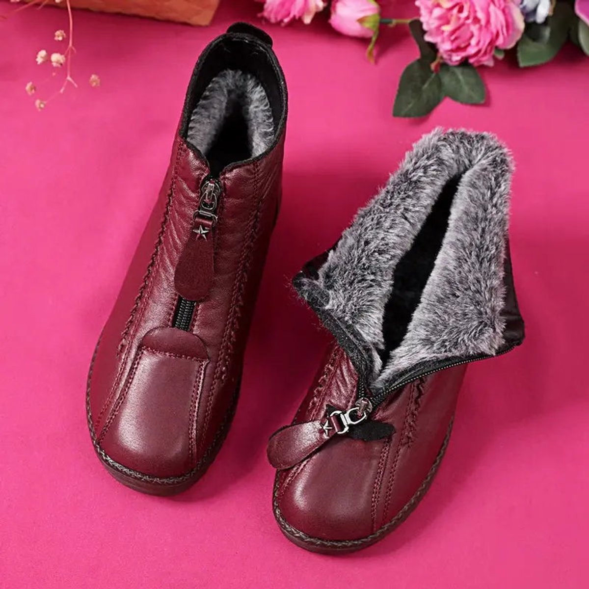 Women's Slip-Resistant Fleece-Lined Leather Ankle Boots | Winter
