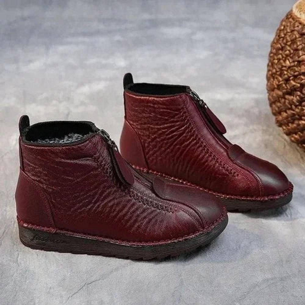 Women's Slip-Resistant Fleece-Lined Leather Ankle Boots | Winter - Red