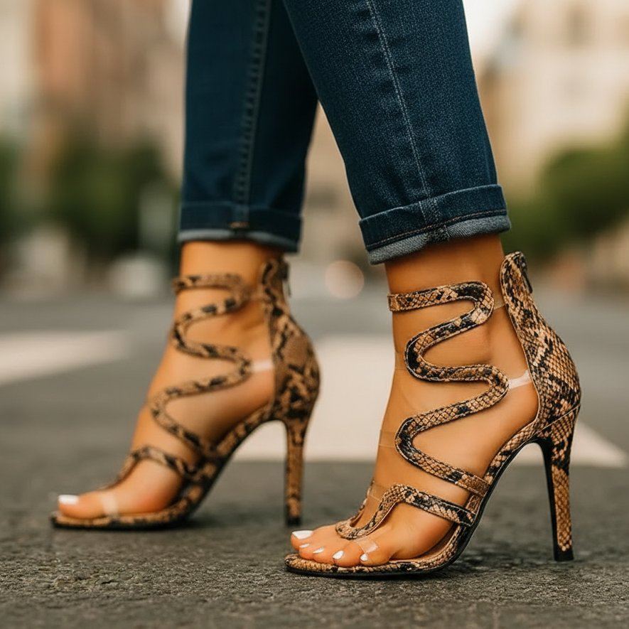 Women's Snake Print Stiletto Heels - Strappy Ankle Wrap | Summer - Beige