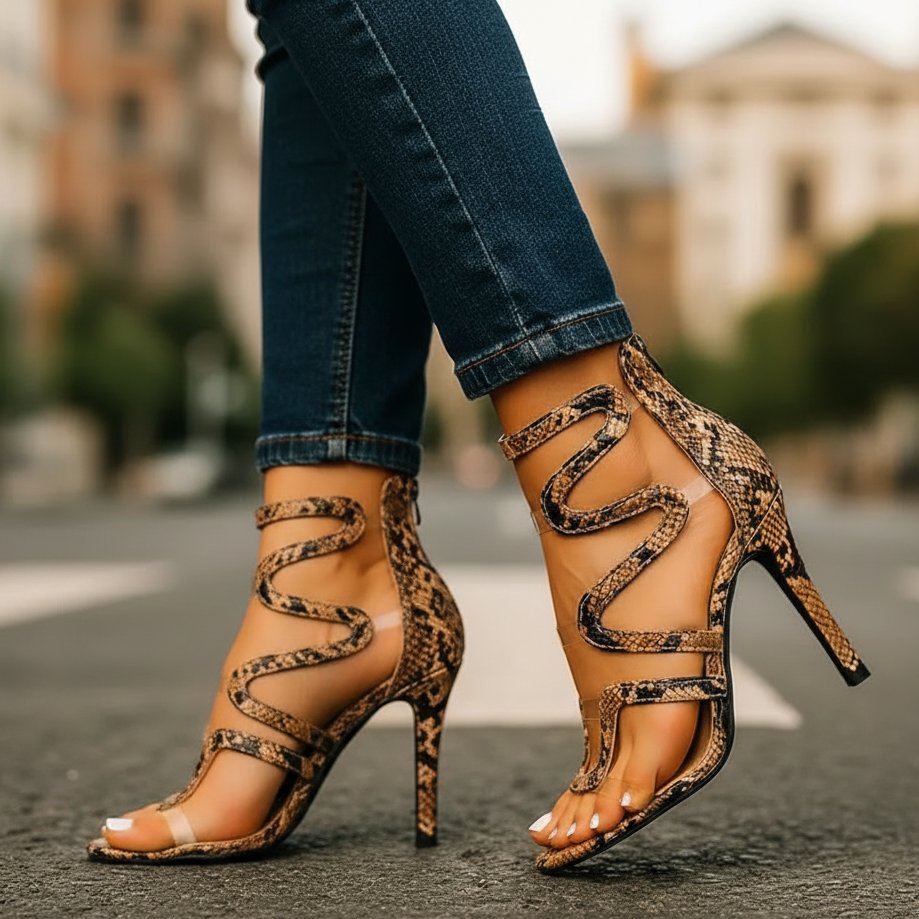 Women's Snake Print Stiletto Heels - Strappy Ankle Wrap | Summer