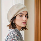 Women's Soft Wool Beret - Classic Round Hat | Autumn - White