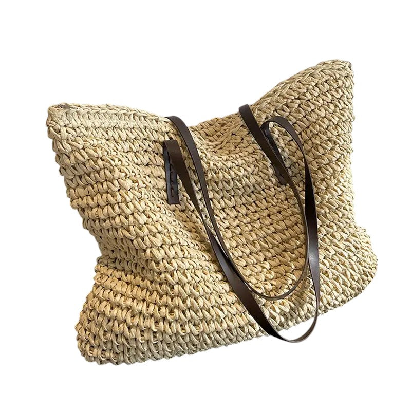 Women's Spacious Beach Tote - Woven Summer Bag - Beige