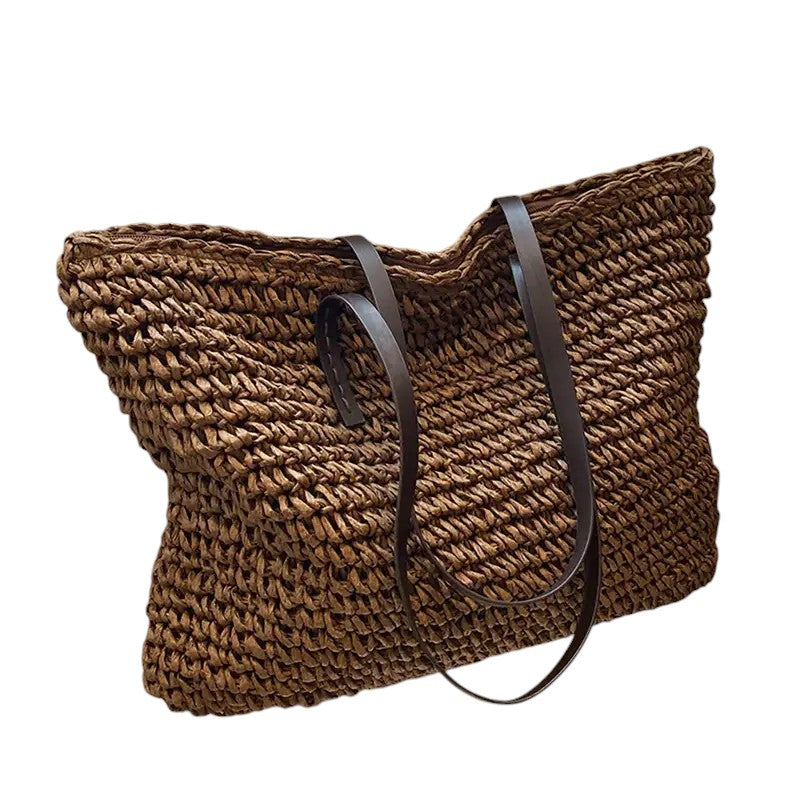 Women's Spacious Beach Tote - Woven Summer Bag - Coffee