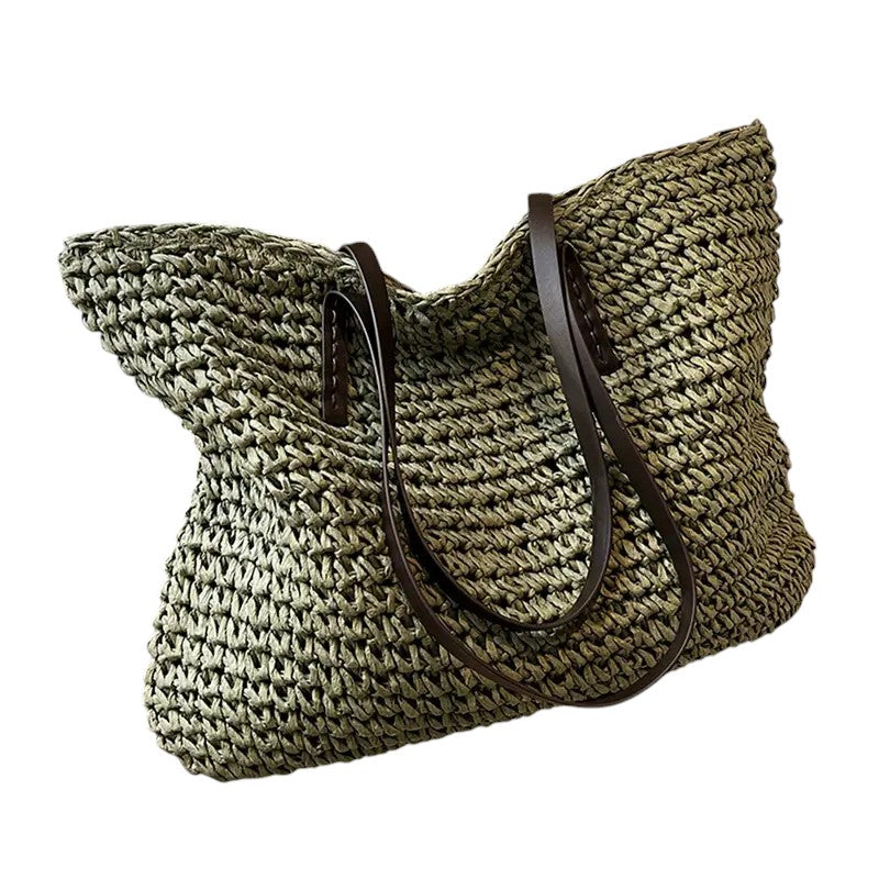Women's Spacious Beach Tote - Woven Summer Bag - Green