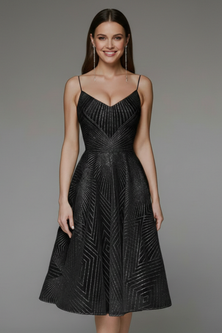 Women's Spaghetti Strap A-Line Midi Dress - Elegant Fit | Spring - Black