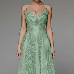 Women's Spaghetti Strap A-Line Midi Dress - Elegant Fit | Spring - Green