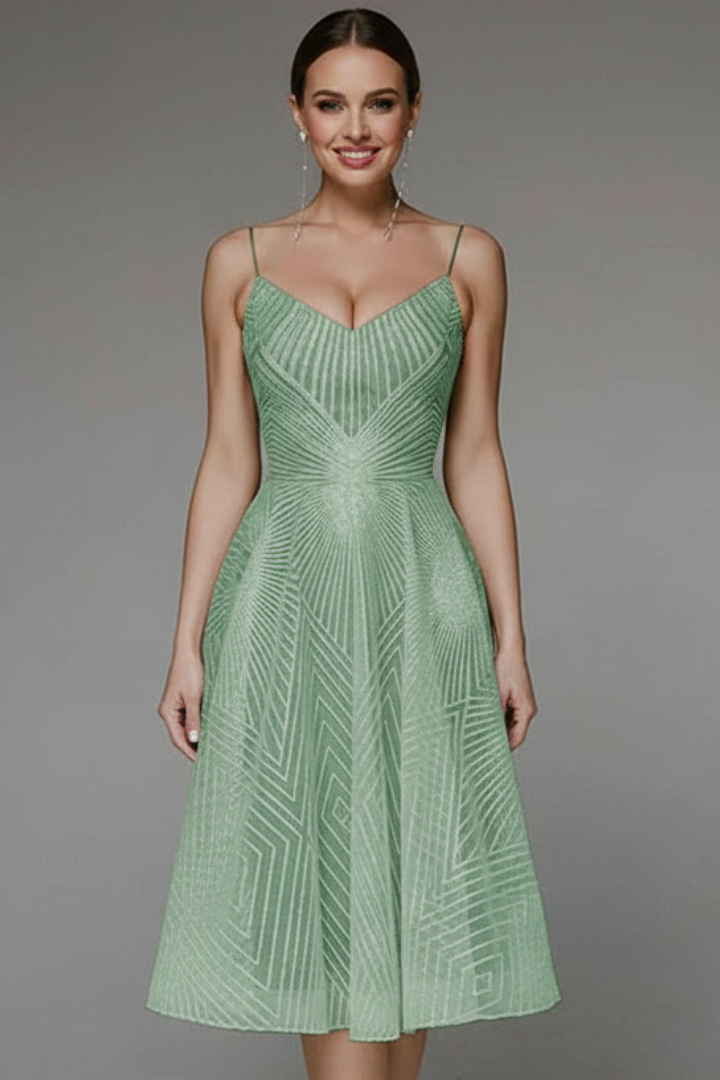 Women's Spaghetti Strap A-Line Midi Dress - Elegant Fit | Spring - Green