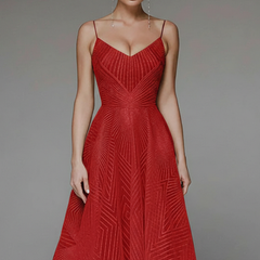 Women's Spaghetti Strap A-Line Midi Dress - Elegant Fit | Spring - Red
