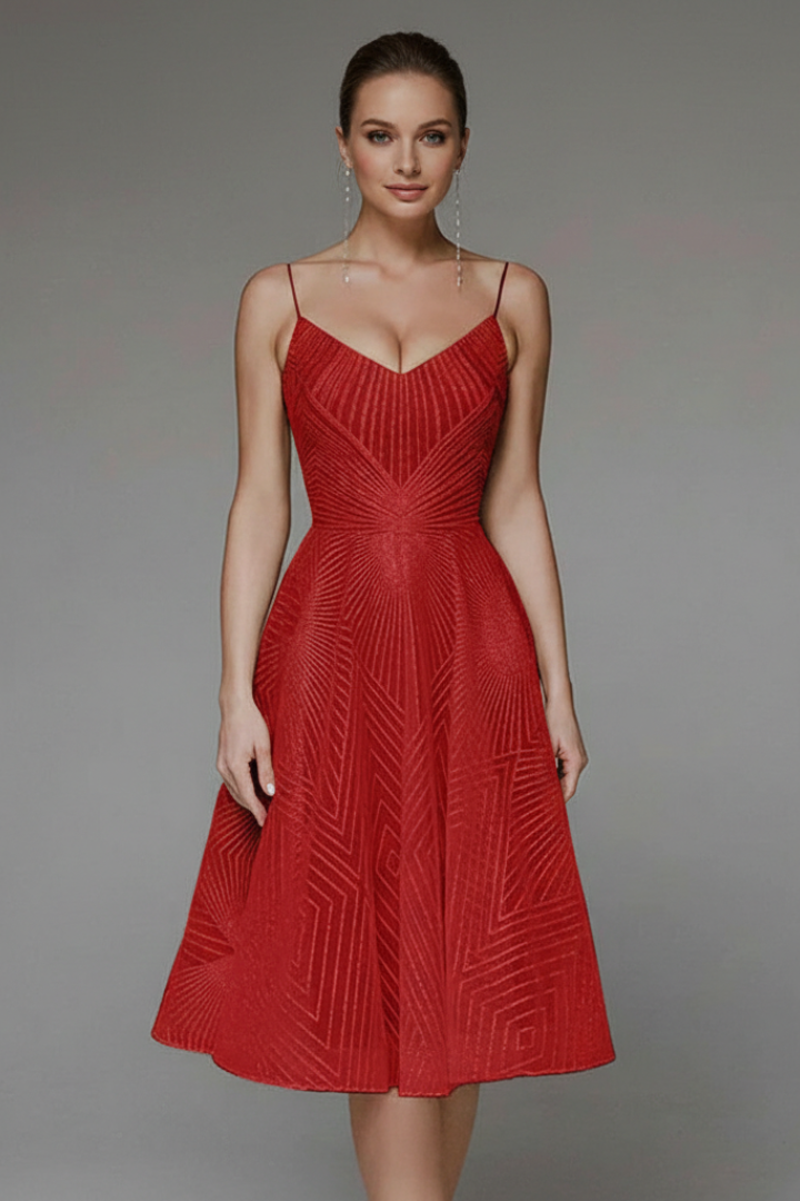Women's Spaghetti Strap A-Line Midi Dress - Elegant Fit | Spring - Red