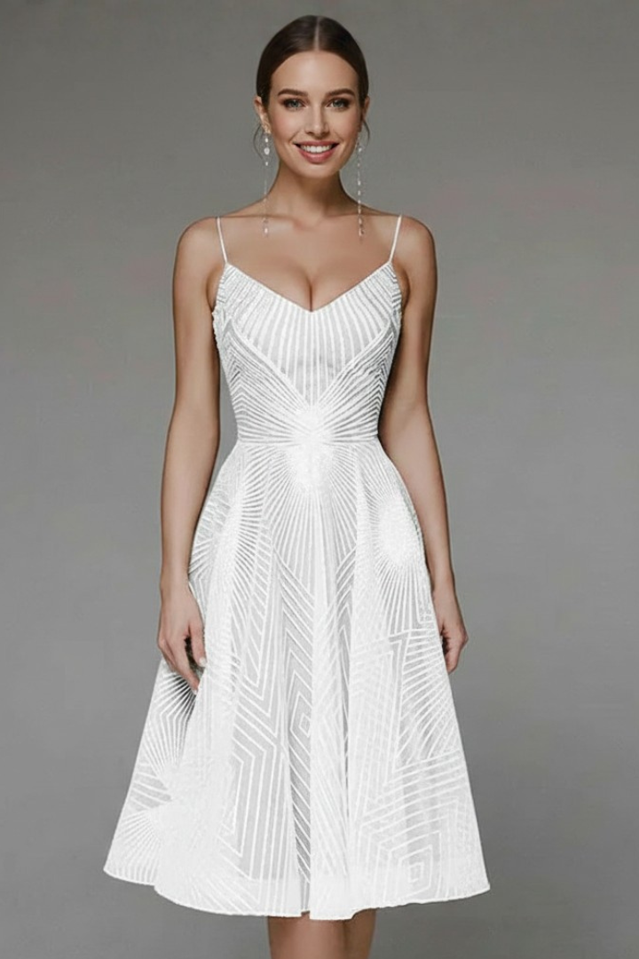 Women's Spaghetti Strap A-Line Midi Dress - Elegant Fit | Spring - White