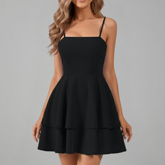 Women's Spaghetti Strap Flared Mini Dress - Summer - Black